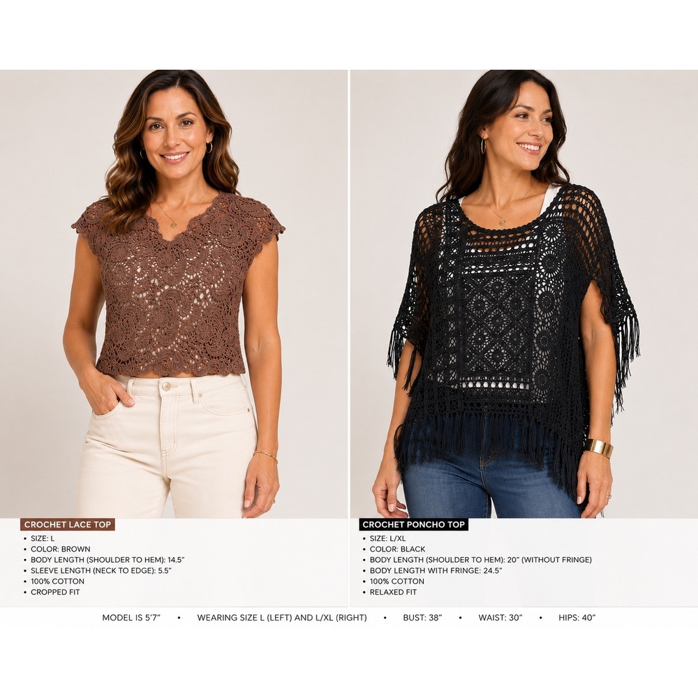 Lot‎ of 2 Boho Crochet Tops Brown Floral Lace Crop & Black Fringe Poncho L L/XL